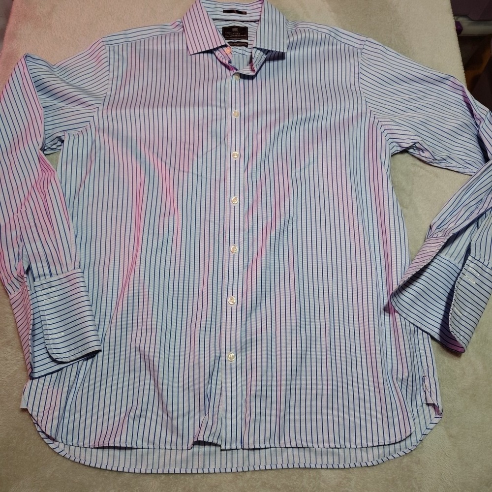 M&S Collection Luxury Dress Shirt Men 17.5 44-45 Blue Stripe French Cuff Class